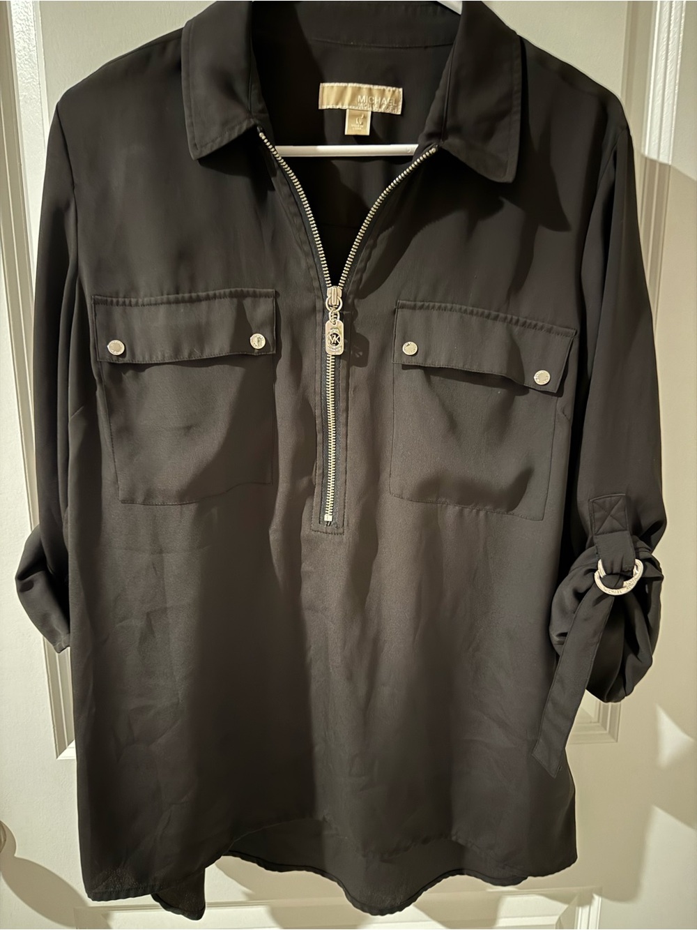 Michael Kors Black Utility Half-Zip Blouse